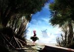  blue_sky bun_cover cloud double_bun forest giantess horn_ribbon horns ibara_kasen ibaraki_kasen ibuki_suika kurona multiple_girls nature pink_hair ribbon ruins shirt silhouette size_difference skirt sky standing touhou tower 