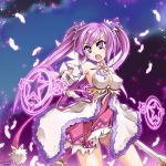  2011 :o aisha_(elsword) breasts dated dress ecell elsword erect_nipples gloves long_hair magic_circle open_mouth panties purple_background purple_eyes purple_hair solo staff star twintails underwear violet_eyes white_panties 
