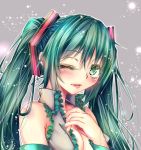  1girl bush green_eyes green_hair hatsune_miku long_hair mitsuki_(omezame_alice) nail_polish solo twintails vocaloid wink 