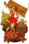  blue_eyes carrying cheese christmas_tree copyright_request gift open_mouth pinkpero short_dress sign table thighhhighs thighhighs twintails wine wine_bootle 