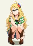  adjusting_glasses ahoge bad_id bare_shoulders bespectacled blonde_hair blush boots collarbone denim denim_shorts flower glasses green_eyes hair_flower hair_ornament highres hoshii_miki idolmaster jewelry knee_boots long_hair necklace shirt short_shorts shorts simple_background smile solo squatting striped striped_shirt wrist_cuffs yuuhi 