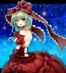  1girl adapted_costume bare_back bare_shoulders bow dress frills from_behind front_ponytail green_eyes green_hair hair_bow hair_ornament hair_ribbon highres kagiyama_hina kanzaki_maguro lace long_hair looking_back open_mouth red_dress ribbon shoulder_blades smile snowflakes solo touhou 