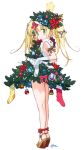  ankle_ribbon arm_ribbon bell blonde_hair bow braid christmas christmas_ornaments christmas_stocking christmas_tree christmas_tree_(cosplay) copyright_request cosplay gift gloves green_eyes high_heels kneepits looking_back ornament sandals shoes solo star title_drop twintails watermark web_address yoshizaki_mine 