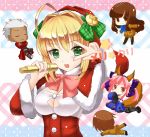  ahoge archer blonde_hair breasts caster_(fate/extra) chibi cleavage fate/extra fate/stay_night fate_(series) female_protagonist_(fate/extra) green_eyes hair_intakes hair_ribbon hat male_protagonist_(fate/extra) microphone miyuki_rei pantyhose ribbon saber_extra santa_costume santa_hat 