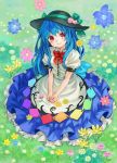ama-tou apron blouse blue_hair blush daisy flower flower_field food frilled_skirt frills from_above fruit hands_together hat hat_ribbon head_tilt hinanawi_tenshi long_hair long_skirt looking_up peach puffy_sleeves red_eyes ribbon short_sleeves sitting skirt smile solo touhou v_arms