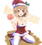  bare_shoulders bell blush boots borubikku bracelet breasts brown_eyes brown_hair christmas cleavage collarbone flower gift hair_flower hair_ornament hanasaku_iroha hat holding holding_gift jewelry large_breasts looking_at_viewer matsumae_ohana merry_christmas necklace open_mouth santa_hat sitting solo thigh-highs thighhighs wariza white_legwear 