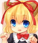  animal_ears bad_id blonde_hair blue_eyes blush bow cat_ears hair_bow highres kemonomimi_mode looking_at_viewer medicine_melancholy open_mouth paw_pose portrait sad_fuka short_hair solo touhou 