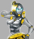  blonde_hair blue_eyes breasts erect_nipples fighting_stance gears glowing glowing_eyes league_of_legends orianna_reveck robot short_hair simple_background solo space_jin spacezin 