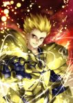  1boy armor blonde_hair chaigidhiell earrings fate/stay_night fate_(series) gilgamesh highres jewelry light_particles male red_eyes short_hair solo 