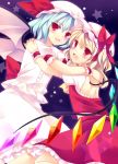  back bat_wings blonde_hair blue_hair blush bow dress fang flandre_scarlet hat hat_bow holding hug looking_at_viewer multiple_girls open_mouth red_eyes remilia_scarlet short_hair siblings side_ponytail sisters star takase_kanan touhou wings wrist_cuffs 
