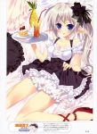  :p absurdres bare_shoulders bloomers blue_eyes blush breasts cake choker cleavage cross-laced_footwear dress dress_lift elf flower food frills fruit hair_flower hair_ornament highres long_hair looking_at_viewer original pineapple pointy_ears side_ponytail solo tongue tray tsurusaki_takahiro 