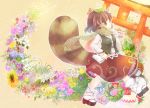  animal_ears bow brown_eyes brown_hair cake flower food futatsuiwa_mamizou gift glasses leaf leaf_on_head pince-nez raccoon_ears raccoon_tail scarf sen1986 skirt smile solo tail touhou wild_and_horned_hermit 
