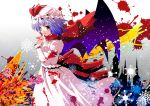  1girl artist_request bat_wings blood blood_splatter blouse blue_hair bow brown_eyes castle hand_to_mouth hat hat_ribbon red_eyes remilia_scarlet ribbon scarf short_hair skirt skirt_set snowflakes solo touhou wings 