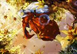  barefoot cloud copyright_notice dutch_angle feet from_below highres inuyasha inuyasha_(character) japanese_clothes jewelry leaf long_hair male maple_leaf necklace qsan90 shade signature sunlight sword tree walking watermark weapon wide_sleeves yellow_eyes 