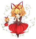  1girl a-iueo blonde_hair blouse blue_eyes boots bow chibi covering_mouth cross-laced_footwear hair_ribbon hands_on_own_face leaf looking_at_viewer medicine_melancholy ribbon short_hair simple_background skirt solo su-san touhou vines white_background wings wink 
