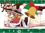  apron bell blonde_hair blue_eyes blush braid capelet hat hat_ribbon heart holly jingle_bell kirisame_marisa on_stomach open_mouth ribbon side_braid smile snowflakes solo thighs touhou usaki witch witch_hat 