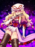  anti-earth_bomb blonde_hair boots bow breasts cleavage closed_fan crossed_legs dress elbow_gloves eyes fan folding_fan gap gloves hair_bow hat hat_ribbon highres knee_boots knees legs_crossed light_smile lips long_hair multicolored_eyes purple_eyes red_eyes ribbon sitting solo touhou violet_eyes yakumo_yukari yellow_eyes 