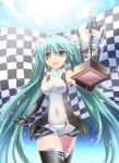  aqua_eyes aqua_hair bare_shoulders checkered elbow_gloves gloves goodsmile_company hatsune_miku long_hair race_queen racequeen shinolion skirt smile solo thigh-highs thighhighs trophy twintails very_long_hair vocaloid 