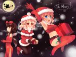  alternate_costume alternate_hairstyle arm_up armpits bare_shoulders black_hair black_legwear blonde_hair blue_eyes blush breasts breath capelet china_dress chinese_clothes christmas drill_hair elbow_gloves erect_nipples fang full_moon gift gloves hat konpaku_youmu konpaku_youmu_(ghost) luna_child midriff moon multiple_girls night orange_hair pantyhose ponytail red red_legwear santa_costume santa_hat shin_(new) silhouette sleigh snow star_sapphire sunny_milk thigh-highs thighhighs touhou 