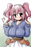  akou_roushi alternate_costume arms_up blush breasts hair_bobbles hair_ornament large_breasts onozuka_komachi pinching_sleeves pink_hair red_eyes ribbed_sweater sleeves_past_wrists solo sweatdrop sweater touhou translated twintails 