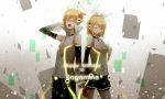  blonde_hair brother_and_sister closed_eyes detached_sleeves eyes_closed hair_ornament hair_ribbon hairclip hand_on_headphones headphones highres kagamine_len kagamine_len_(append) kagamine_rin kagamine_rin_(append) lyodi ribbon short_hair shorts siblings singing smile twins vocaloid vocaloid_append 
