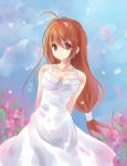  ahoge arms_behind_back bad_id blue_background brown_eyes brown_hair copyright_request dress flower long_hair make2961 mielang petals smile solo white_dress 