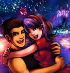  absurdres bare_shoulders brown_eyes brown_hair colorful colt_warren couple denni_fallon fireworks hug male multicolored_hair new_year piercing purple_hair short_hair signomi smile surviving_high_school wink 