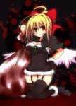  &gt;:d :d ahoge angel_wings bag black_legwear blonde_hair blood blood_stain boots bow breasts capelet cleavage dress earlgrey fur_trim garter_belt garter_straps gengetsu gloves grin hair_bow hand_on_hip hips kneeling low_wings no_nose open_mouth ponytail sack santa_costume short_dress smile solo thigh-highs thighhighs touhou touhou_(pc-98) wings yellow_eyes zettai_ryouiki 