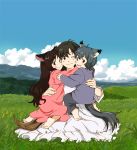  2girls age_difference ame_(ookami_kodomo) animal_ears barefoot brown_hair child cloud dress fang grass grey_hair group_hug hana_(ookami_kodomo) hug long_hair mameko mother_and_daughter mother_and_son mountain multiple_girls ookami_kodomo_no_ame_to_yuki open_mouth short_hair sky smile tail wink wolf_ears wolf_tail yuki_(ookami_kodomo) 