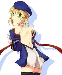  beret blazblue blonde_hair gloves green_eyes hat looking_back noel_vermillion so_(pixiv) solo uniform 