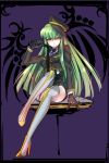  1girl blush c.c. code_geass creayus garter_straps gloves green_hair grey_legwear hat legs long_hair looking_at_viewer sitting solo thigh-highs whip yellow_eyes 