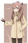  alternate_costume bespectacled bird bird_on_hand black_legwear brown_hair casual coat contemporary dragonfly glasses hand_in_pocket hat highres himekaidou_hatate kuroi_mizore mittens pantyhose plaid plaid_scarf purple_eyes scarf solo tokin_hat touhou twintails violet_eyes 