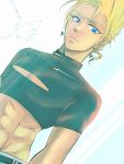  abs blonde_hair blue_eyes crop_top dutch_angle earrings jewelry king_of_fighters male nikaido_benimaru snk solo wakayama 