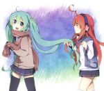  ahoge aqua_eyes aqua_hair bag earmuffs hatsune_miku headphones kokoa_(ikaretemasugananika) long_hair miki miki_(vocaloid) multiple_girls open_mouth red_eyes red_hair redhead scarf sf-a2_miki skirt smile thigh-highs thighhighs twintails uniform very_long_hair vocaloid winter_clothes zettai_ryouiki 