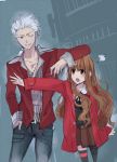  1girl archer brown_eyes brown_hair casual fate/extra fate/stay_night fate_(series) female_protagonist_(fate/extra) height_difference jewelry long_hair necklace tyoyaume white_hair wink 