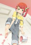  barefoot dirty_feet footprints hair_ribbon mattaku_mosuke mouth_hold original overalls paint paint_can paintbrush red_hair redhead ribbon side_ponytail solo spill strap_slip tiles 
