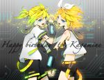  1girl aqua_eyes arm_warmers bad_id blonde_hair brother_and_sister hair_ornament hair_ribbon hairclip hand_holding headphones holding_hands kagamine_len kagamine_rin microphone microphone_stand open_mouth ribbon short_hair shorts siblings twins uminmin vintage_microphone vocaloid 