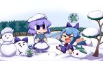  apron blue_eyes blue_hair blush_stickers bow chibi cirno closed_eyes eyes_closed forest frog frozen hair_bow hat ice_block lake letty_whiterock multiple_girls nature nura_(oaaaaaa) outstretched_arms perfect_cherry_blossom scarf short_hair sitting snow_bunny snowman touhou tree wings 