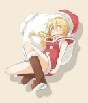  bare_shoulders blonde_hair blush boots braid capelet character_request christmas copyright_request embarrassed hat long_hair mukunoki_nanatsu nanatsu open_mouth rough sack santa_hat shadow simple_background sleeveless solo sweatdrop wavy_mouth yellow_eyes 