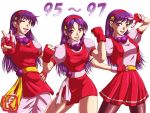  1girl ;) asamiya_athena bare_legs belt breasts clenched_hand dress earrings hairband hand_on_hip jewelry king_of_fighters king_of_fighters_95 king_of_fighters_96 king_of_fighters_97 long_hair necklace nikuji-kun pants pantyhose purple_hair sash short_dress skirt slender_waist solo star taut_clothes transformation v v_over_eye vest violet_eyes wink 