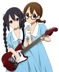  alternate_hairstyle bandage bandages bespectacled black_hair blue_dress bound_wrists braid brown_eyes brown_hair dress electric_guitar glasses guitar hands_clasped hands_together hirasawa_yui instrument interlocked_fingers k-on! k-on!_movie long_hair multiple_girls nakano_azusa ragho_no_erika short_hair singing! twin_braids 