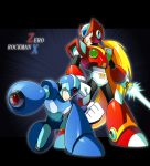  arm_cannon bad_id blonde_hair blue_eyes capcom energy_sword green_eyes helmet highres long_hair rockman rockman_x sword take-zz weapon x x_(rockman) zero_(rockman) 