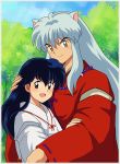  1girl :d black_hair brown_eyes couple hand_on_head height_difference higurashi_kagome hug inuyasha inuyasha_(character) japanese_clothes jewelry long_hair miko necklace open_mouth pearl smile tennen_shiori tree yellow_eyes 