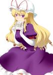  blonde_hair dress elbow_gloves gloves hair_ribbon hat hat_ribbon hota long_hair picture_(object) purple_dress purple_eyes ribbon smile solo torii touhou violet_eyes white_gloves yakumo_yukari 