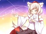  animal_ears breasts chikinman closed_eyes detached_sleeves eyes_closed hat high_collar inubashiri_momiji outstretched_arm short_hair skirt smile solo tail tokin_hat touhou wolf_ears wolf_tail 