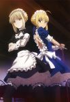  absurdres ahoge black_legwear blonde_hair braid brown_eyes carnival_phantasm crossed_arms dress fate/stay_night fate_(series) green_eyes hair_ribbon highres long_hair looking_back maid maid_headdress multiple_girls nyantype official_art ponytail ribbon saber saber_alter short_hair smile thighhighs type-moon yellow_eyes zettai_ryouiki 