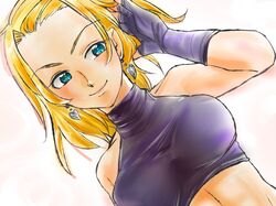  adjusting_hair bare_shoulders blonde_hair blue_eyes breasts bust crop_top dutch_angle earrings fingerless_gloves genderswap gloves halter_top halterneck heart heart_earrings jewelry king_of_fighters large_breasts midriff nikaido_benimaru single_glove snk solo wakayama 