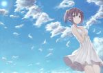  blue_eyes brown_hair cloud clouds dress momo_no_kanzume original short_hair sky solo summer_dress sundress 