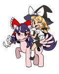  1girl animalization blonde_hair brown_eyes gohei hakurei_reimu hat kirisame_marisa lowres mouth_hold my_little_pony my_little_pony_friendship_is_magic pegasus pixiv_thumbnail red_eyes riding touhou witch witch_hat yin_yang zassou_maruko 