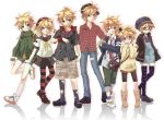  bag bandaid bespectacled blonde_hair blue_eyes boots casual child crossdressinging glasses hair_ornament hairclip hat headphones headphones_around_neck hekicha jacket jeans kagamine_len male multiple_boys multiple_persona necktie overalls pantyhose plaid purse ribbon school_uniform shorts simple_background skirt striped striped_legwear thigh-highs thighhighs time_paradox trap vocaloid zettai_ryouiki 